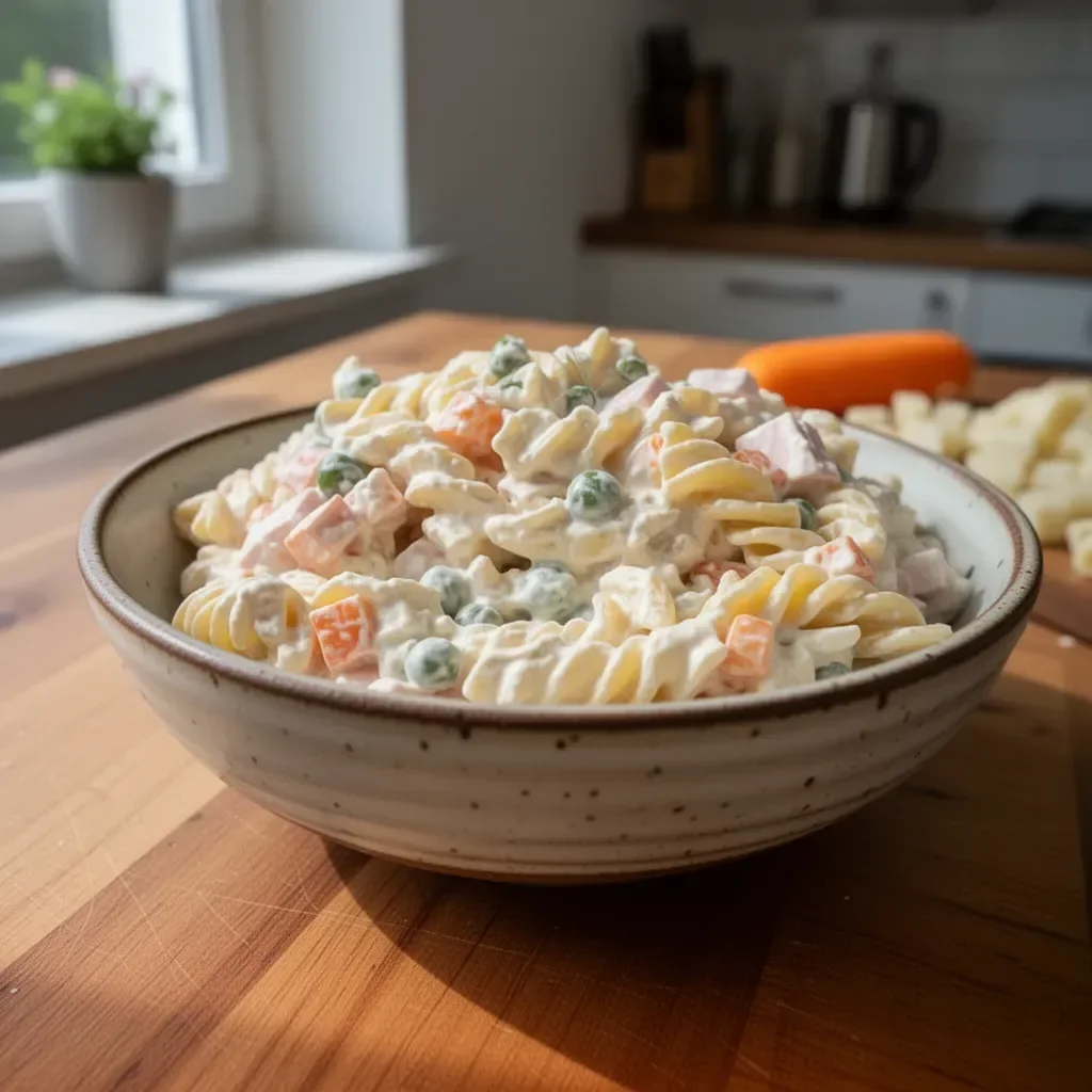 Schüssel mit Russischem Salat mit Pasta, bunt und lecker angerichtet.