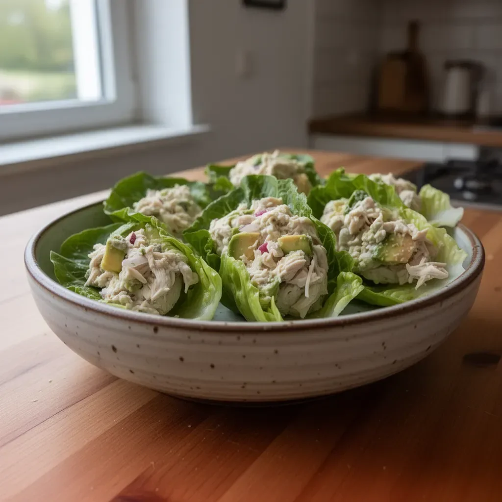 Salatwickel mit Hühnchen und Avocado auf einem Teller angerichtet
