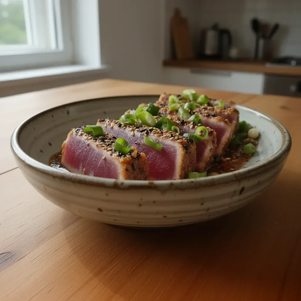 Scharf angebratener Ahi-Thunfisch mit asiatischen Aromen auf einem Teller