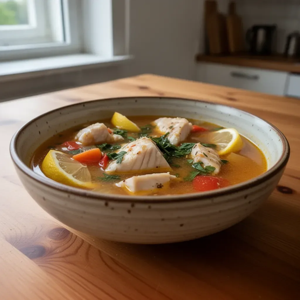 Scharfe Fischsuppe mit Zitrone in einem eleganten Servierschalen, dekoriert mit frischem Dill.