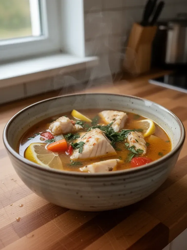 Scharfe Fischsuppe mit Zitrone