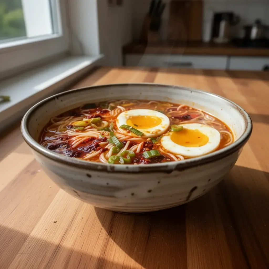 Scharfe Nudelsuppe mit Gochujang, serviert in einer bunten Schüssel mit frischem Gemüse.
