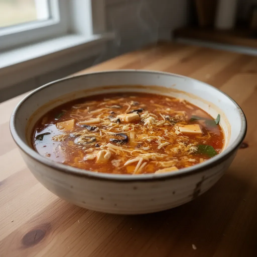 Scharfe Suppe mit frischen Zutaten in einer Schüssel