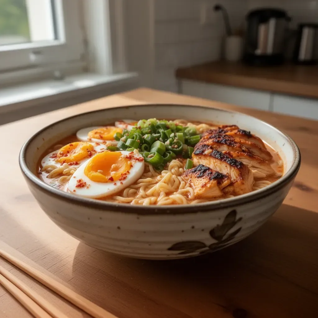 Schüssel mit scharfen und cremigen Hühner-Ramen, garniert mit frischen Zutaten