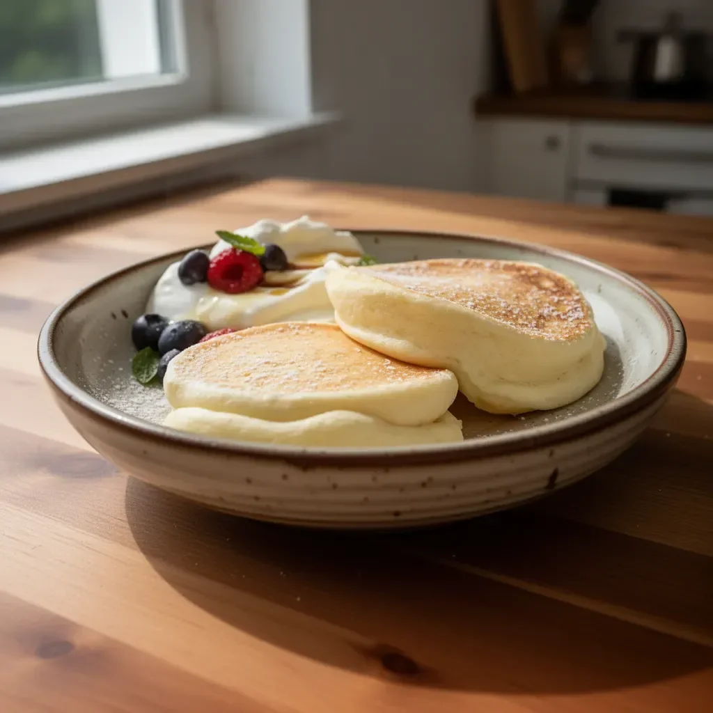 Fluffige Schaumpfannkuchen auf einem Teller serviert, perfekt als Frühstück oder Dessert.