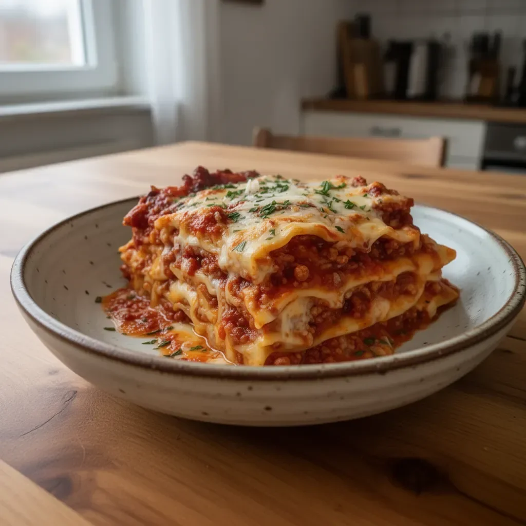 Schnelle und einfache Lasagne mit Schichten aus Pasta, Fleisch und Käse