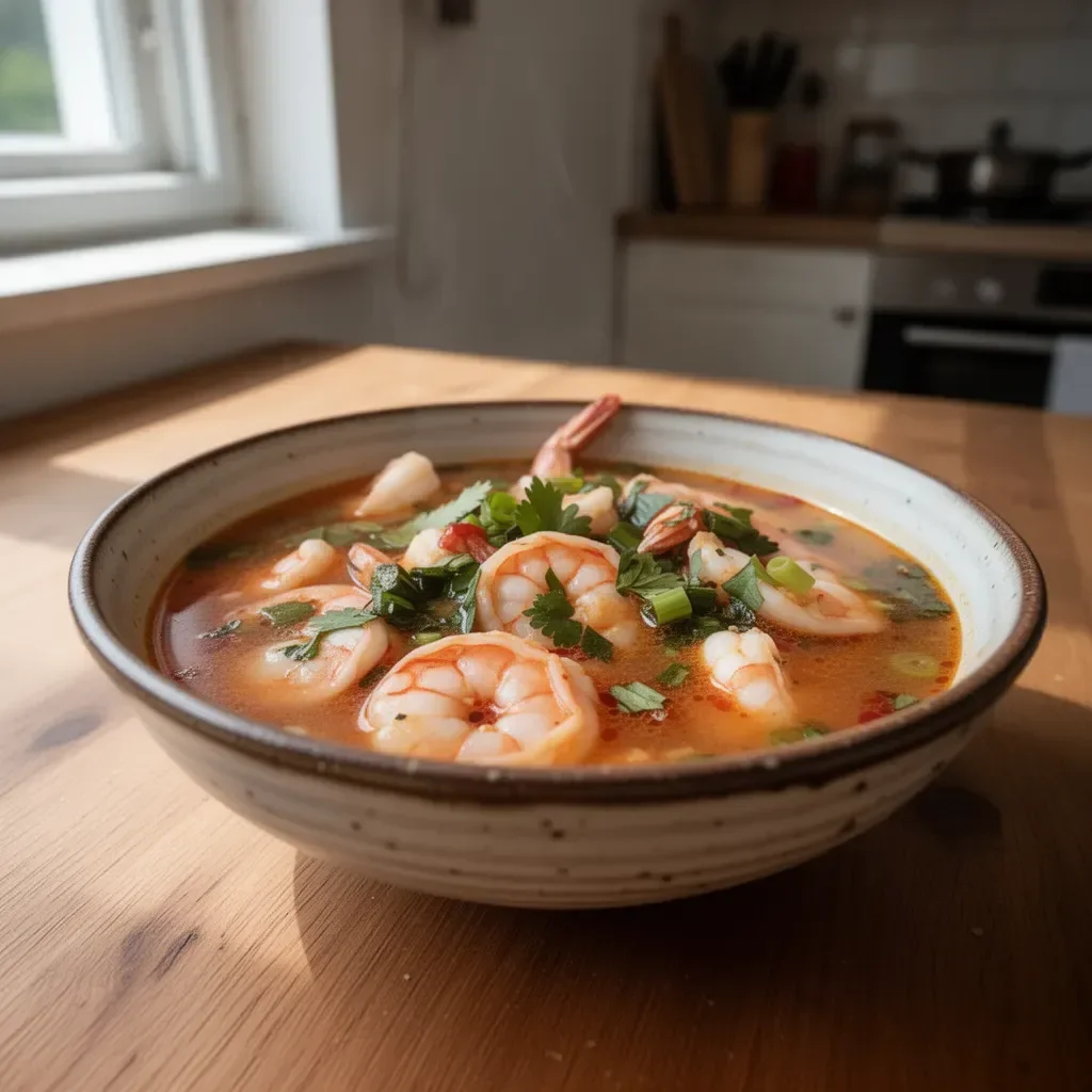 Schnelle und würzige Garnelensuppe in einer Schüssel mit frischen Kräutern.