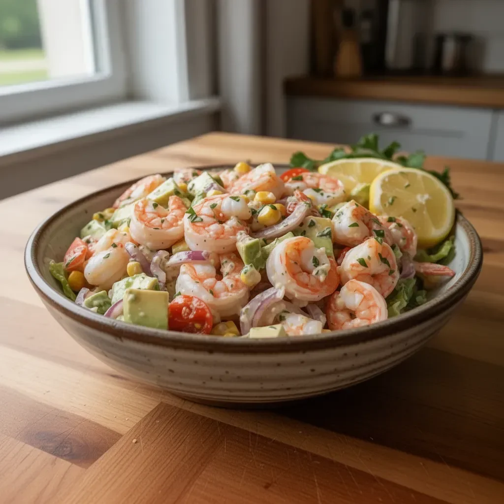 Ein bunter Shrimpsalat mit frischen Zutaten und aromatischen Gewürzen