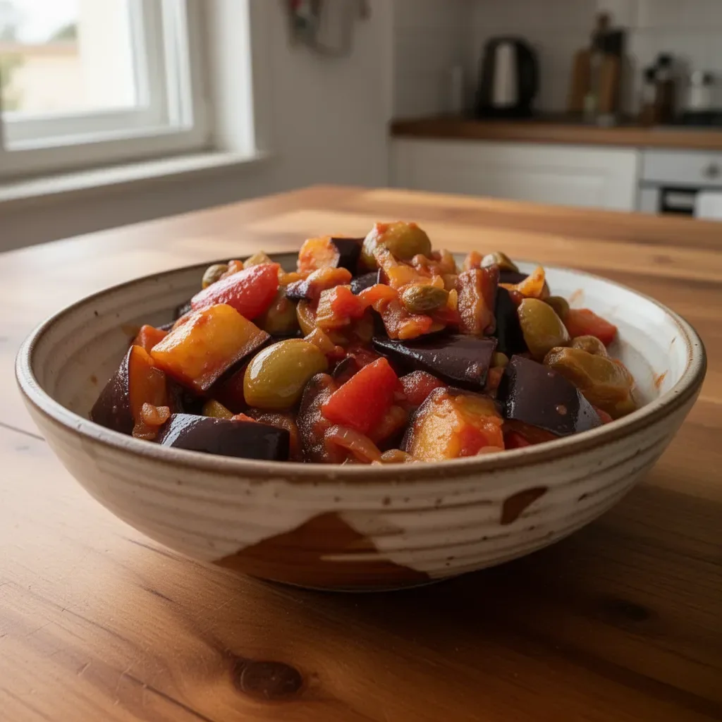 Eine Schale sizilianische Caponata, serviert mit frischem Gemüse und Gewürzen.