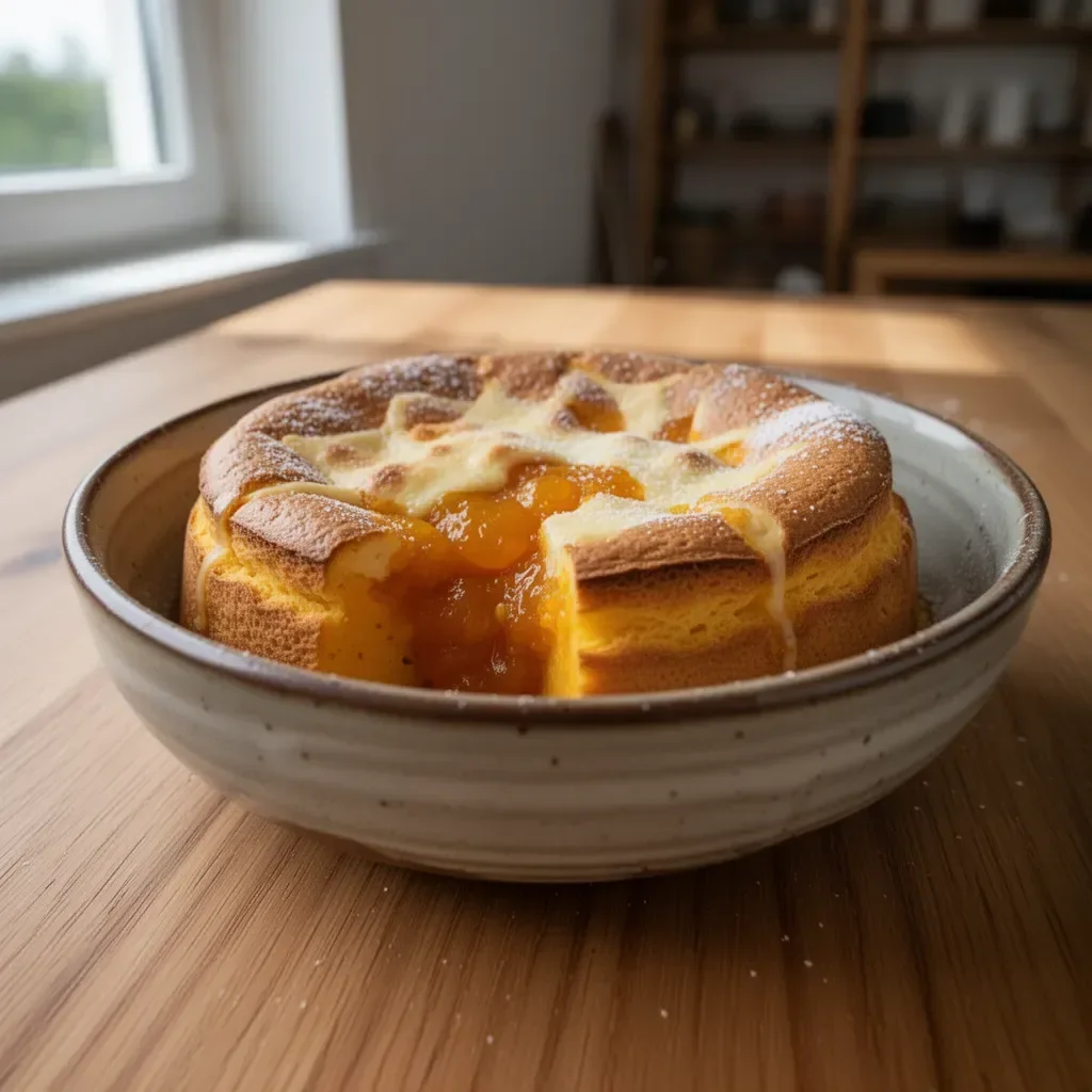 Soufflé-Torte mit Kürbismarmelade und Käse auf einem Teller