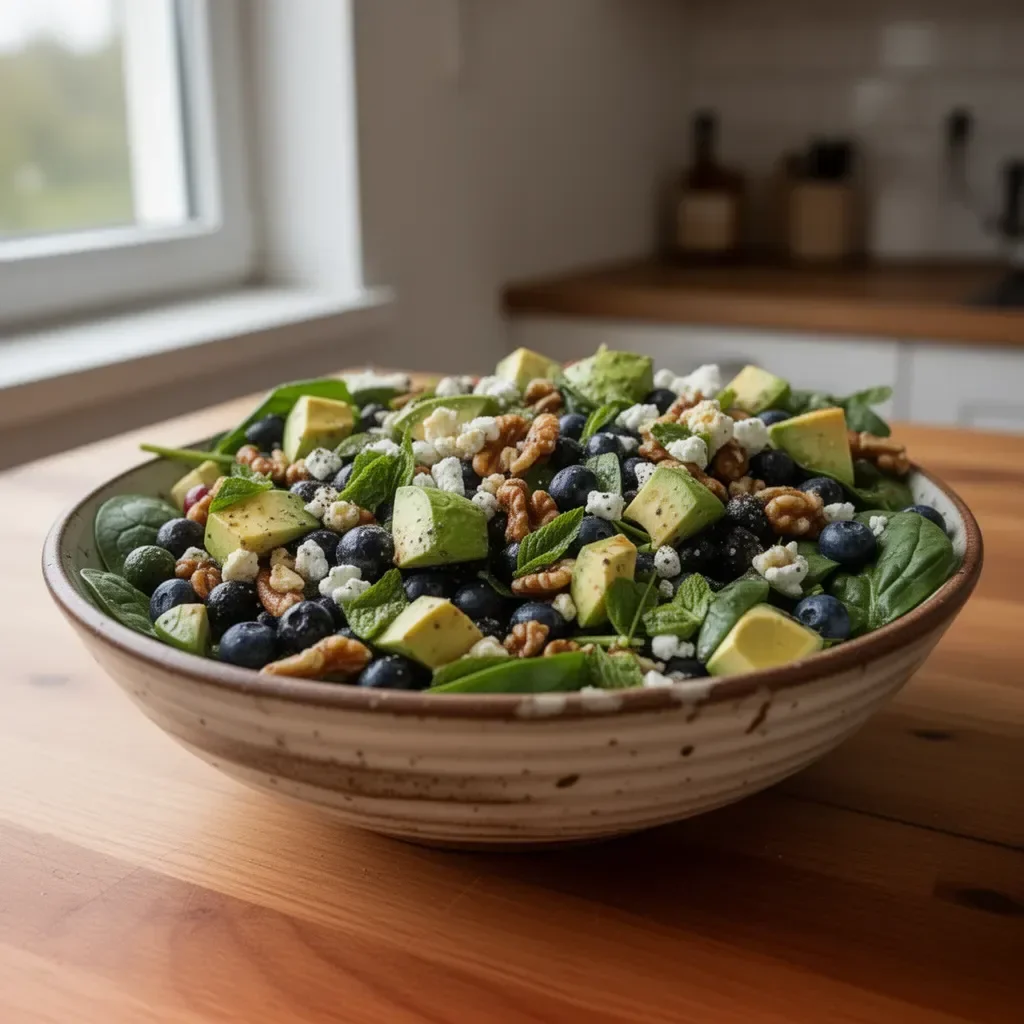 Frischer Spinat Heidelbeersalat mit Heidelbeeren und Nüssen