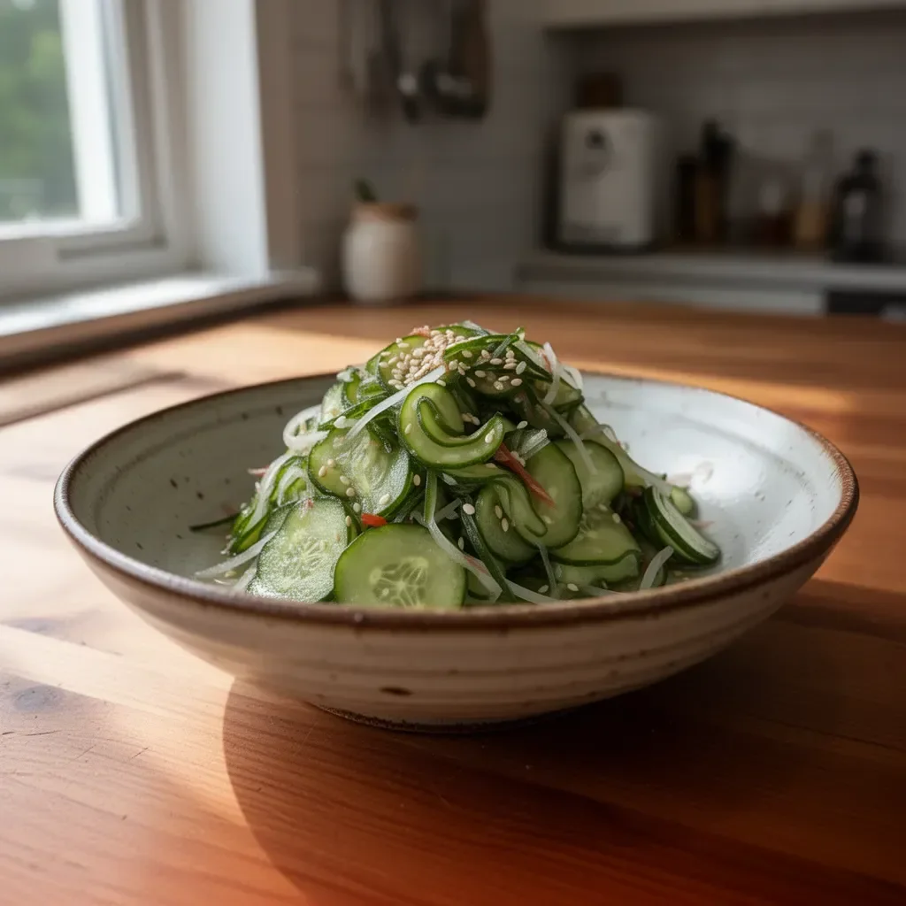 Schüssel mit frisch zubereitetem Sunomono, japanischem Gurkensalat