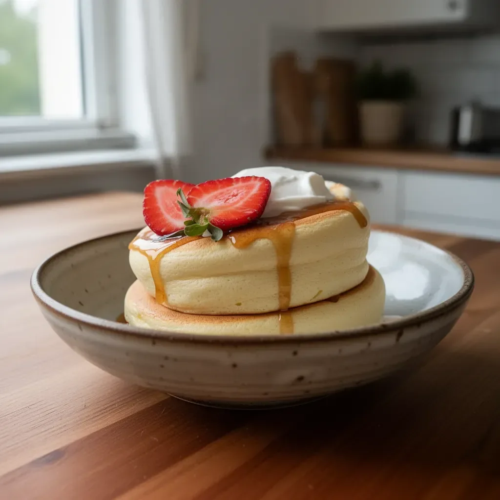Süße japanische Soufflé-Pfannkuchen auf einem Teller angerichtet