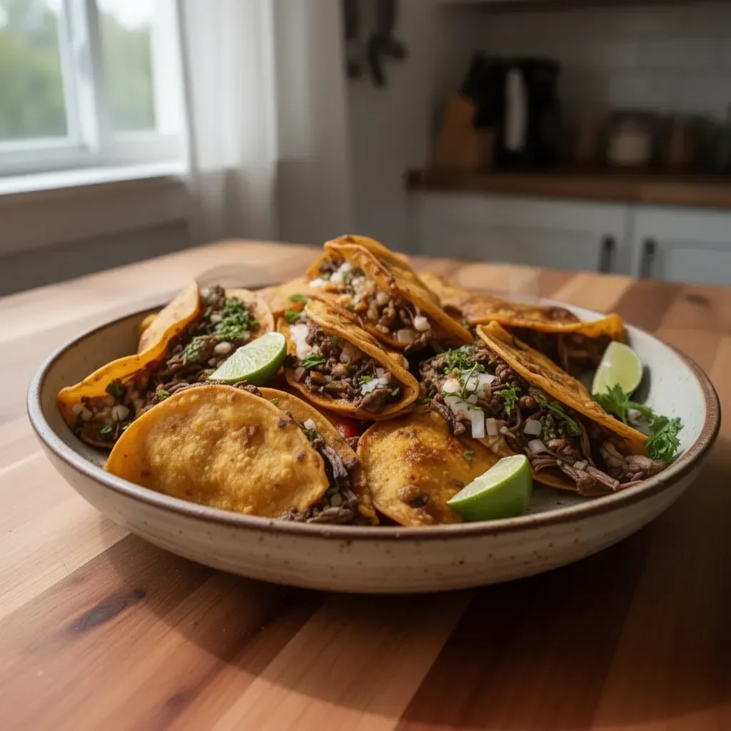 Geschmackvolle Tacos Birria mit zartem Fleisch und einer würzigen Sauce