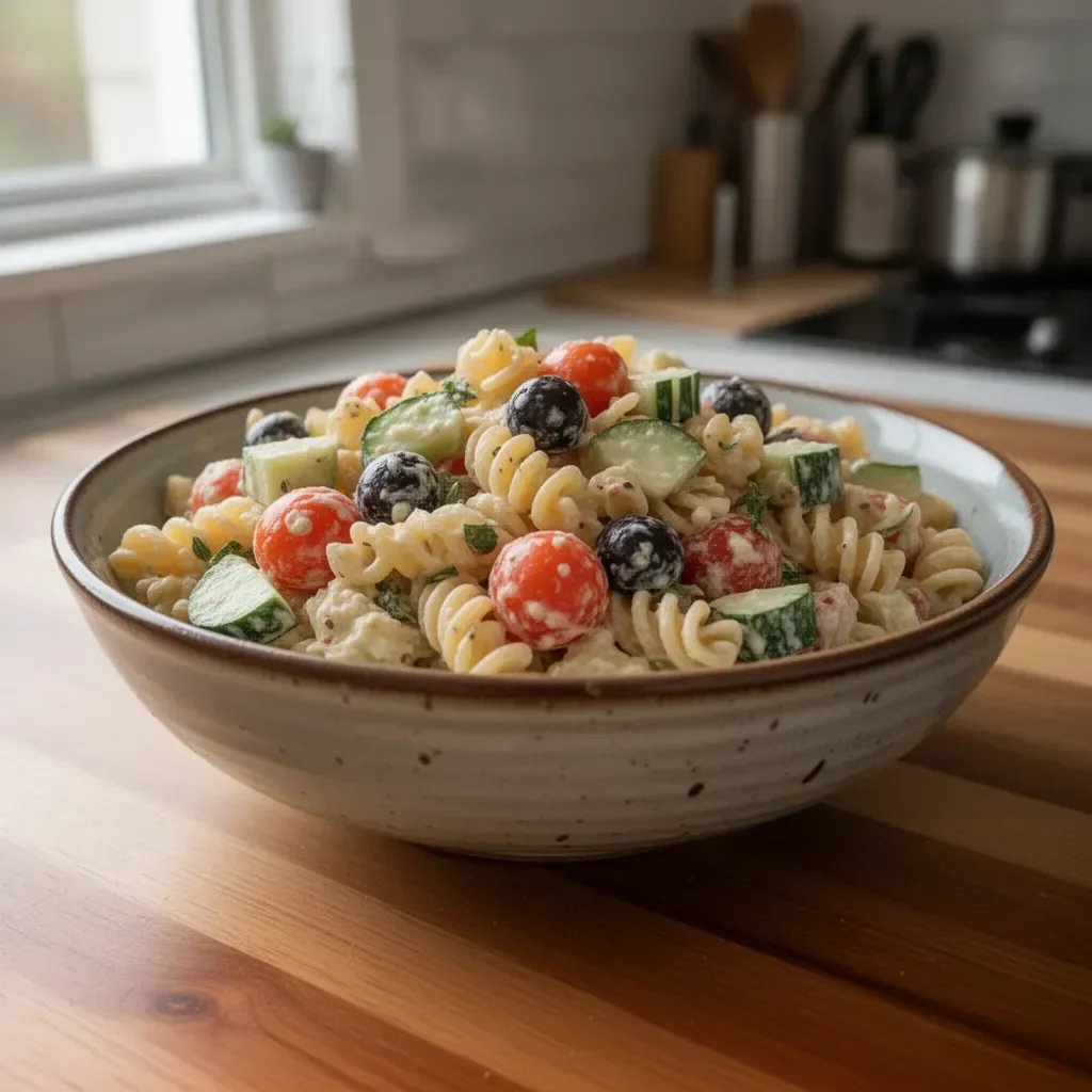 Tassen Pasta-Salat in einer bunten Schüssel mit frischem Gemüse