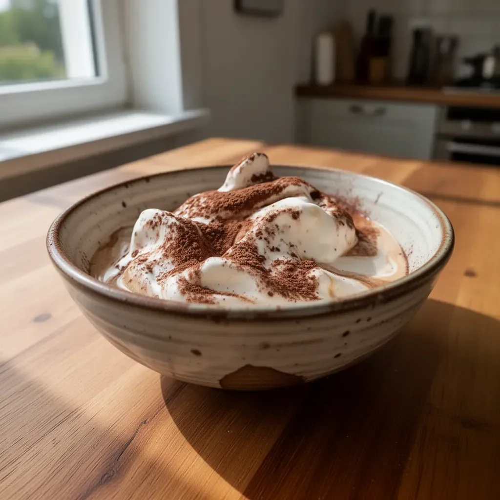 Tiramisu-Eis Latte mit Schokolade und Kaffeebohnen garniert