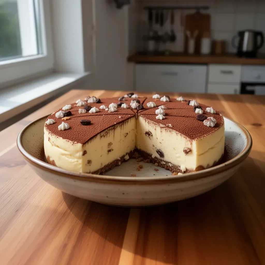 Leckerer Tiramisu-Käsekuchen mit Schichtung aus Käse und Kaffeegeschmack