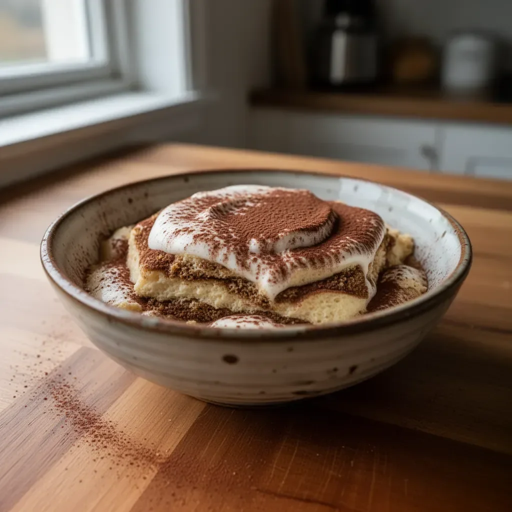 Ein verführerischer Tiramisu Latte, garniert mit Kakao und Sahne.