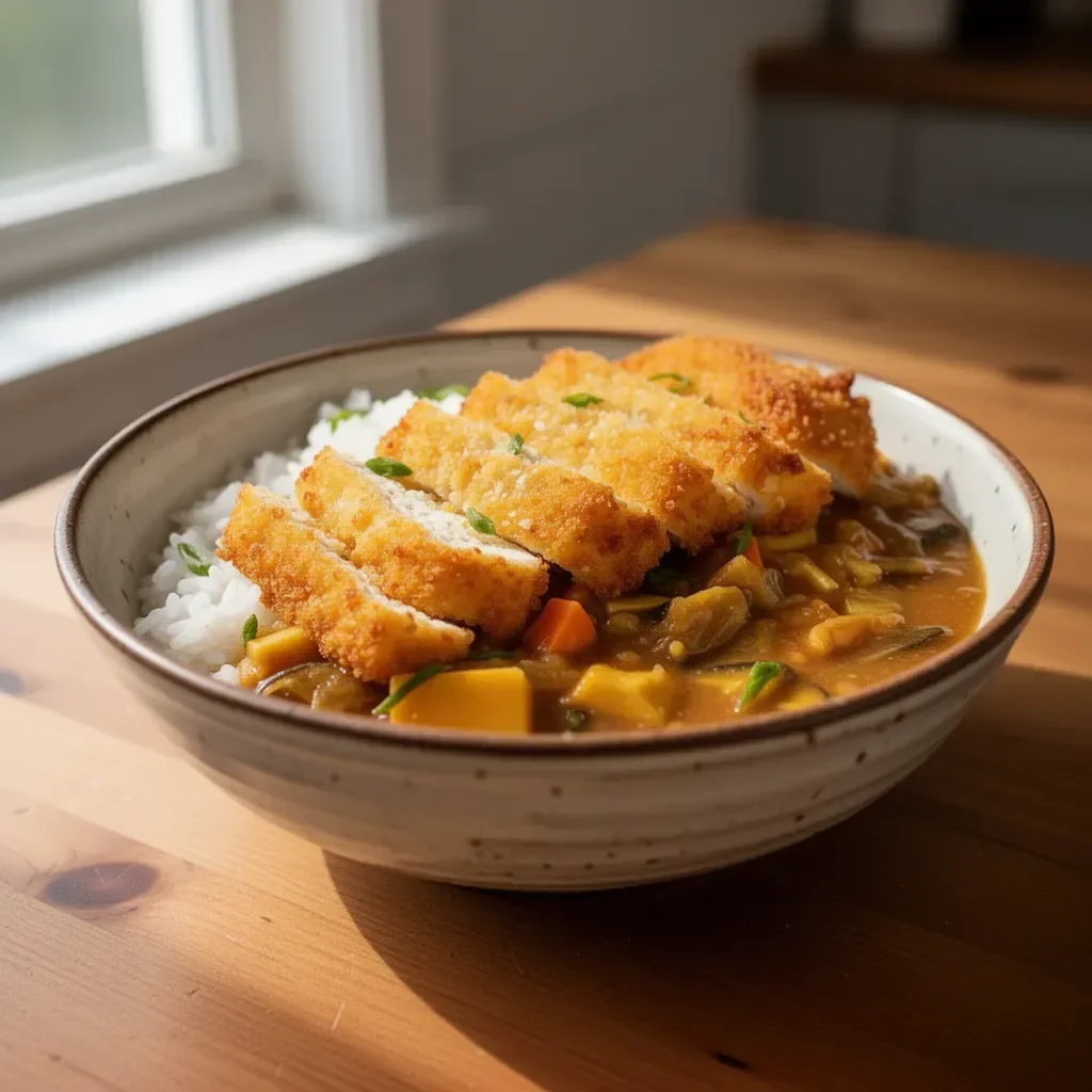 Leckeres Tofu Katsu mit knuspriger Panade serviert auf einem Teller