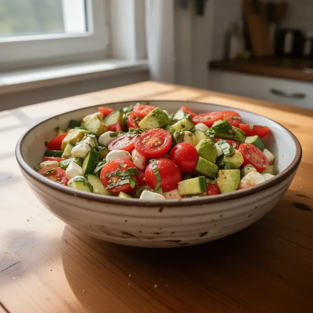 Frischer Tomaten-Gurken-Mozzarella-Salat in einer Schüssel angerichtet
