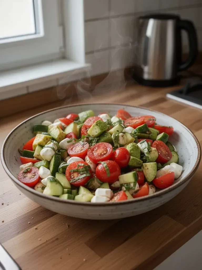 Tomaten-, Gurken- und Mozzarella-Salat