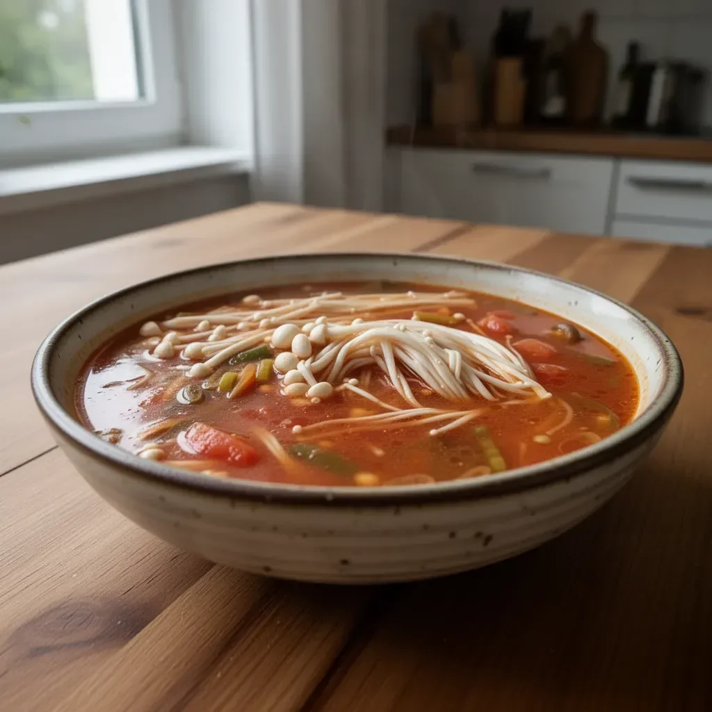 Tomaten- und Enoki-Pilzsuppe serviert in einer weißen Schüssel