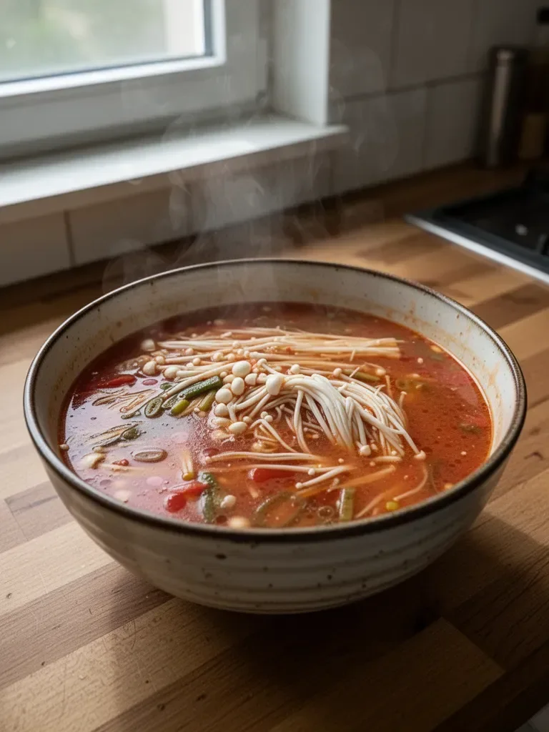 Tomaten- und Enoki-Pilzsuppe