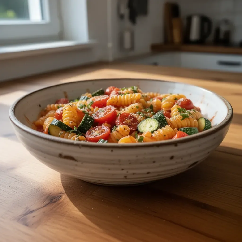 Tomaten-Zucchini-Mousse auf einem weißen Teller garniert mit frischen Kräutern