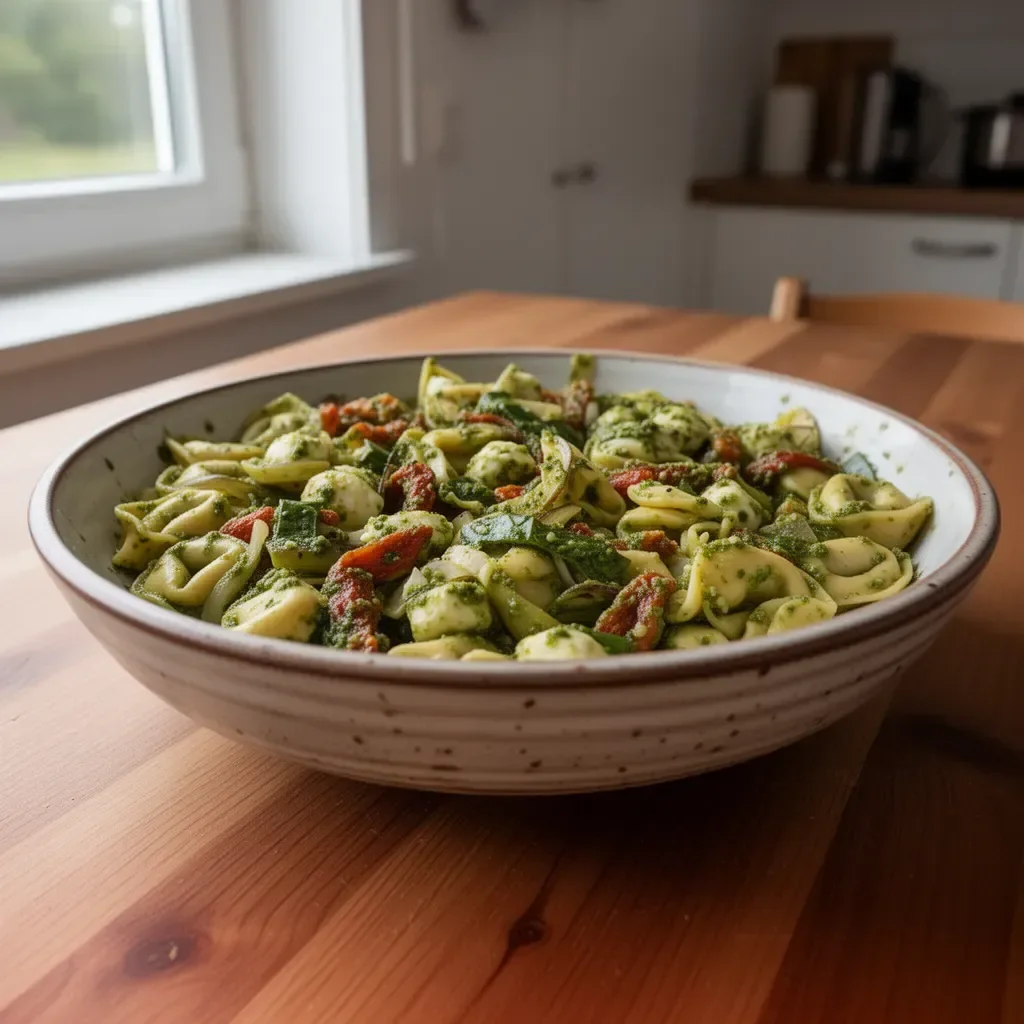 Tortellini mit Pesto und buntem Gemüse auf einem Teller serviert.