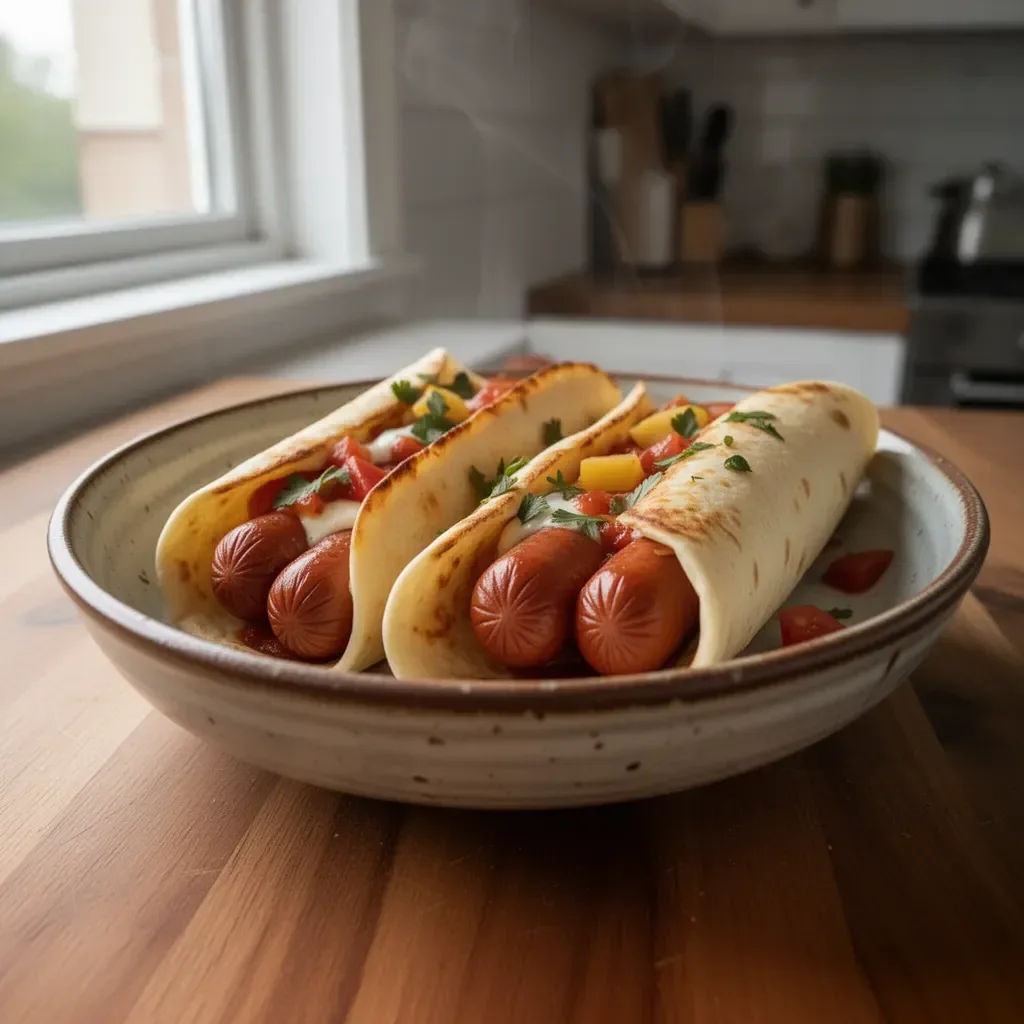 Leckere Tortilla-Hotdogs auf einem Teller serviert.