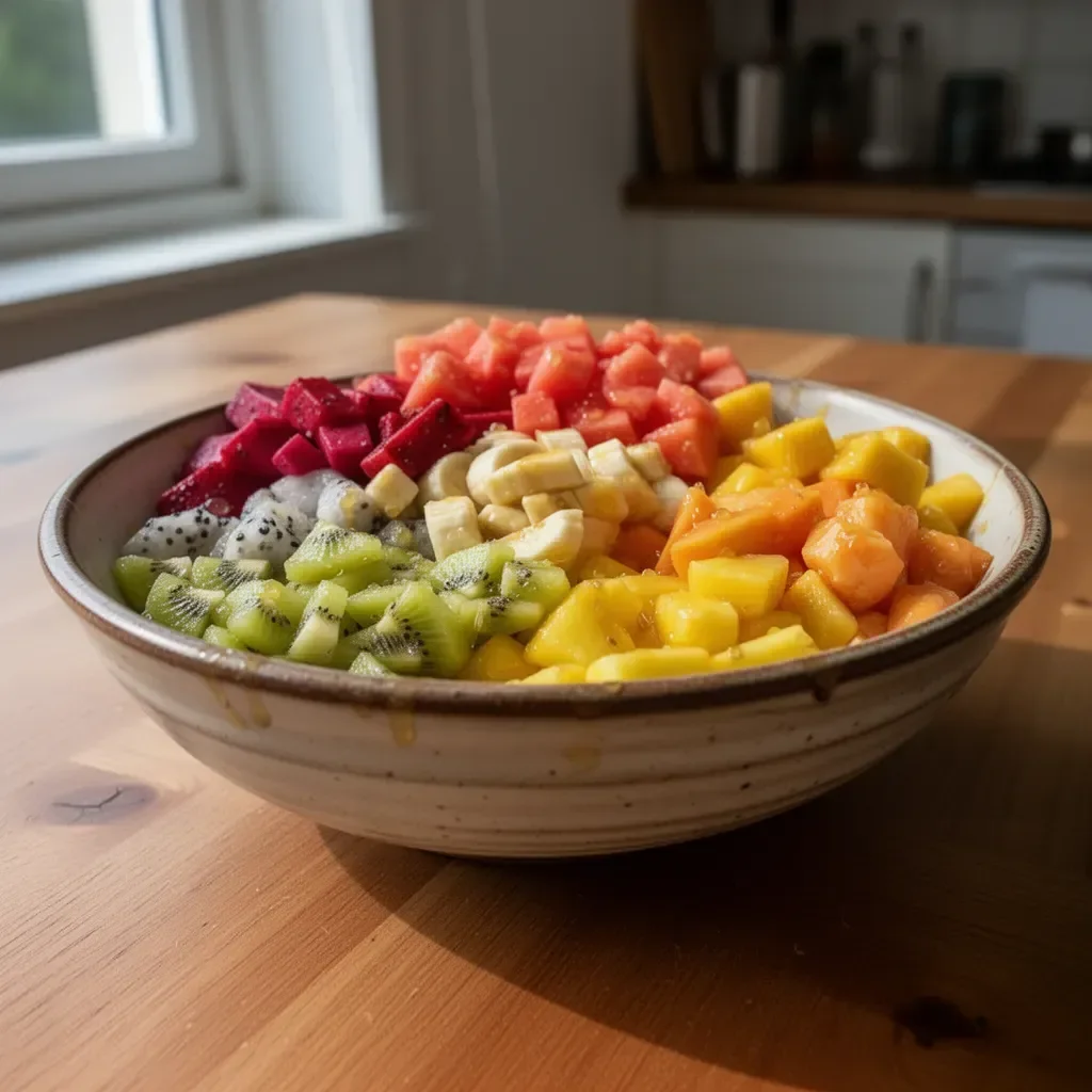 Tropischer Obstsalat mit Honig-Limetten-Dressing in einer Schüssel