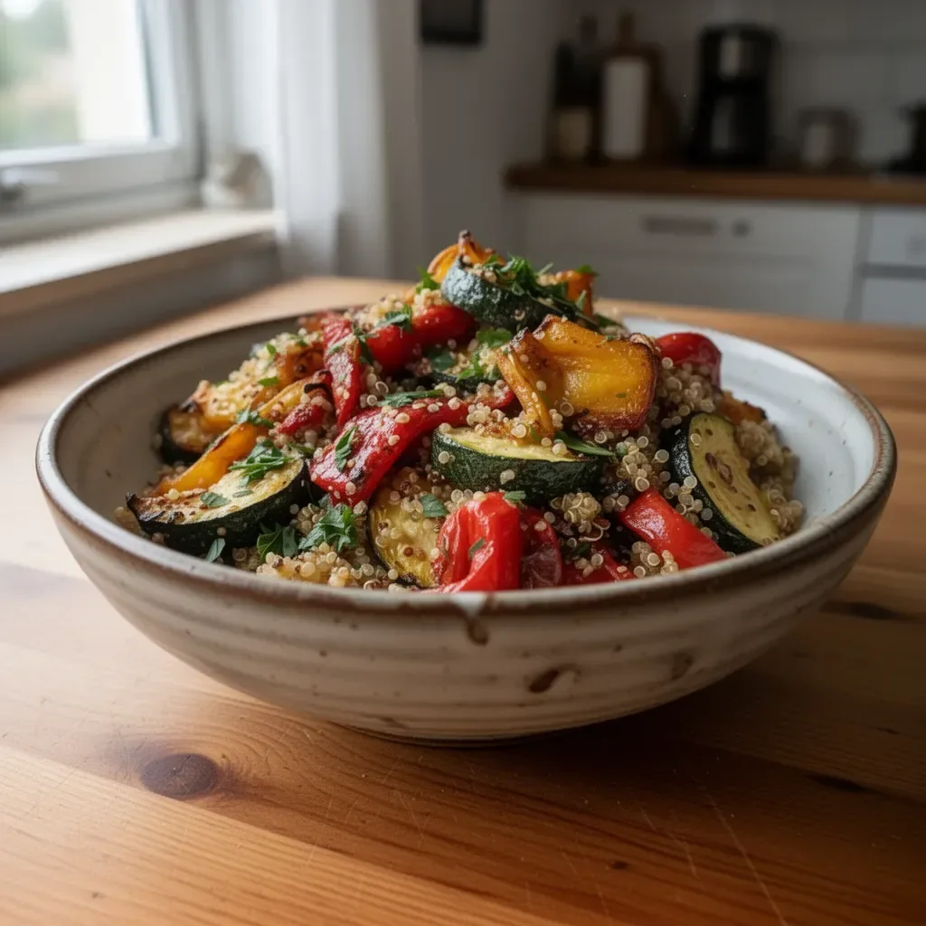 Leckere Quinoa-Salat mit Röstgemüse in einer Schüssel serviert.