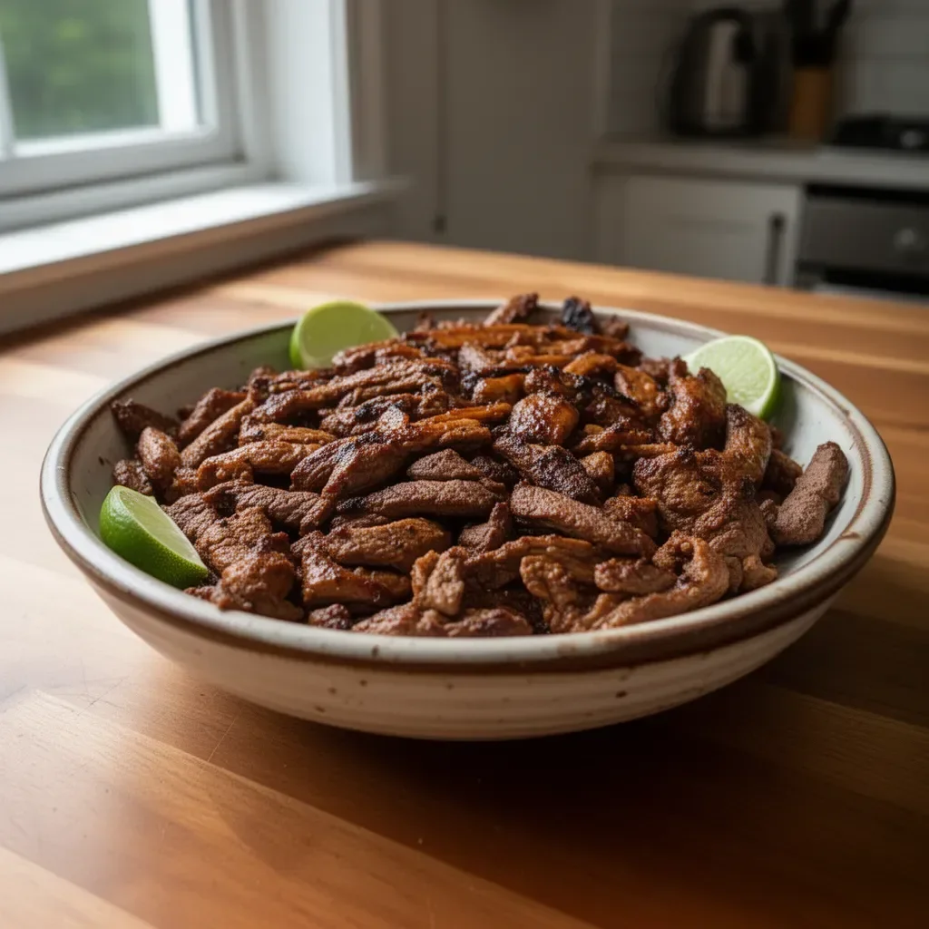 Vegane Carne Asada auf einem Teller serviert, ansprechend angerichtet.