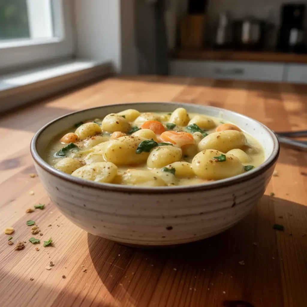 Vegane Gnocchi-Suppe mit frischem Gemüse in einer schmackhaften Brühe.