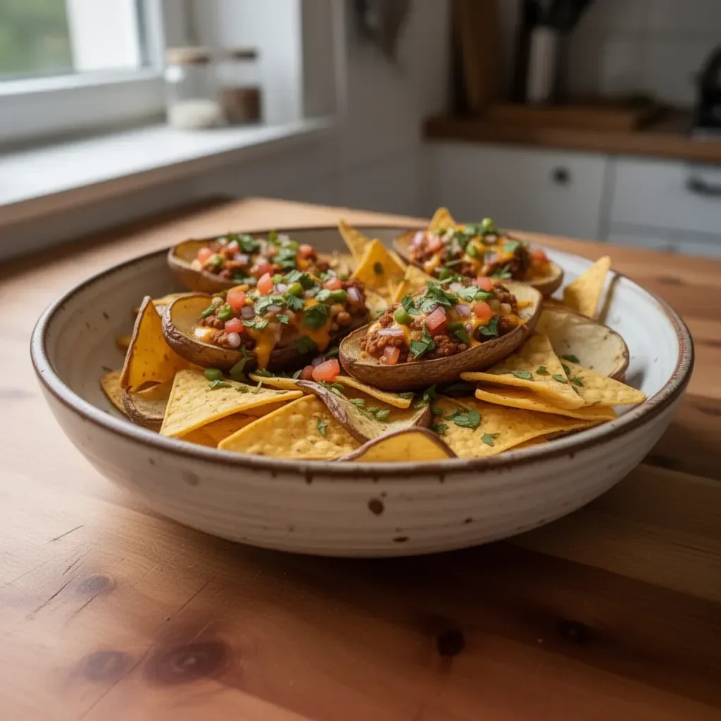 Vegane Kartoffelhaut mit Nachos, ein leckerer veganer Snack
