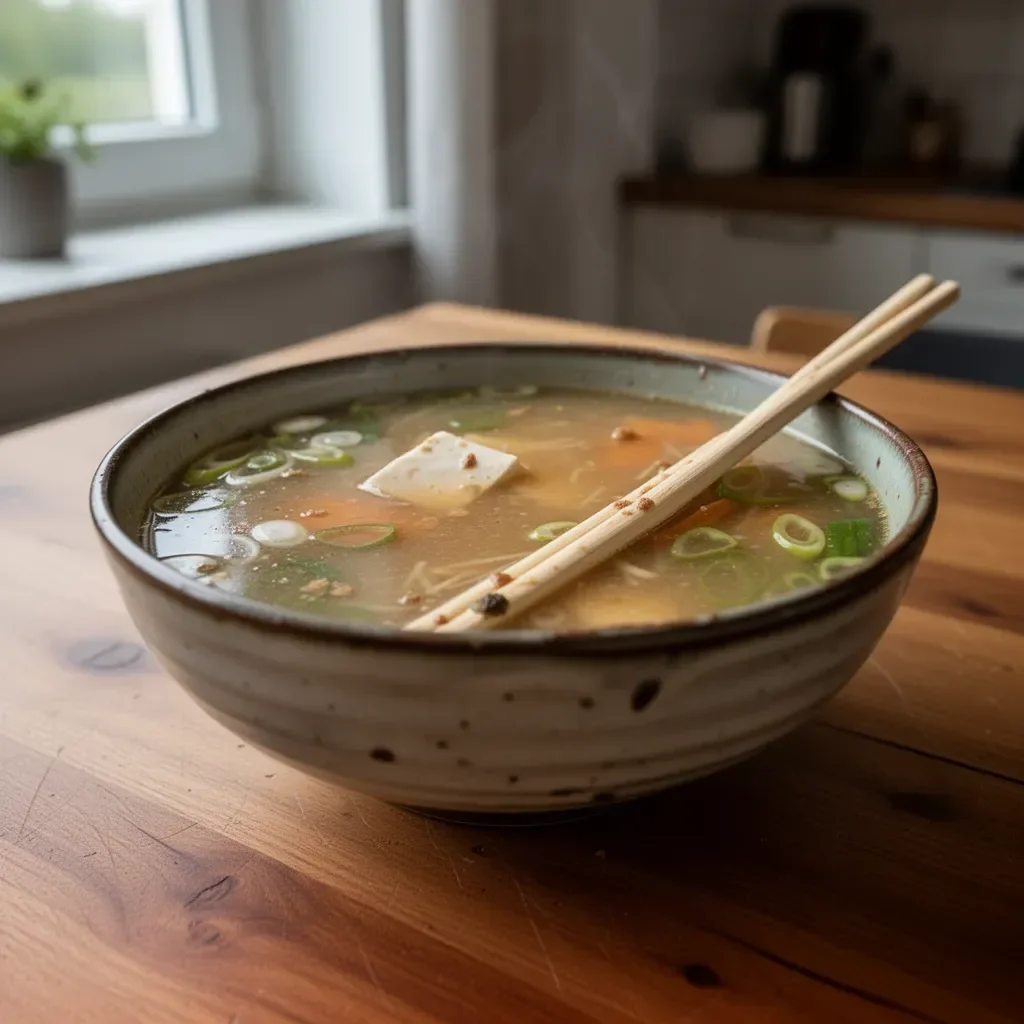 Schüssel mit aromatischer veganer Misosuppe garniert mit frischem Gemüse.
