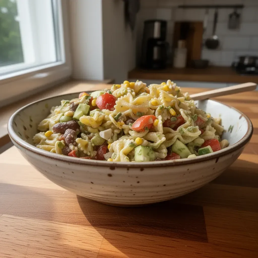 Vegane Nudelsalat mit frischen Zutaten und buntem Gemüse