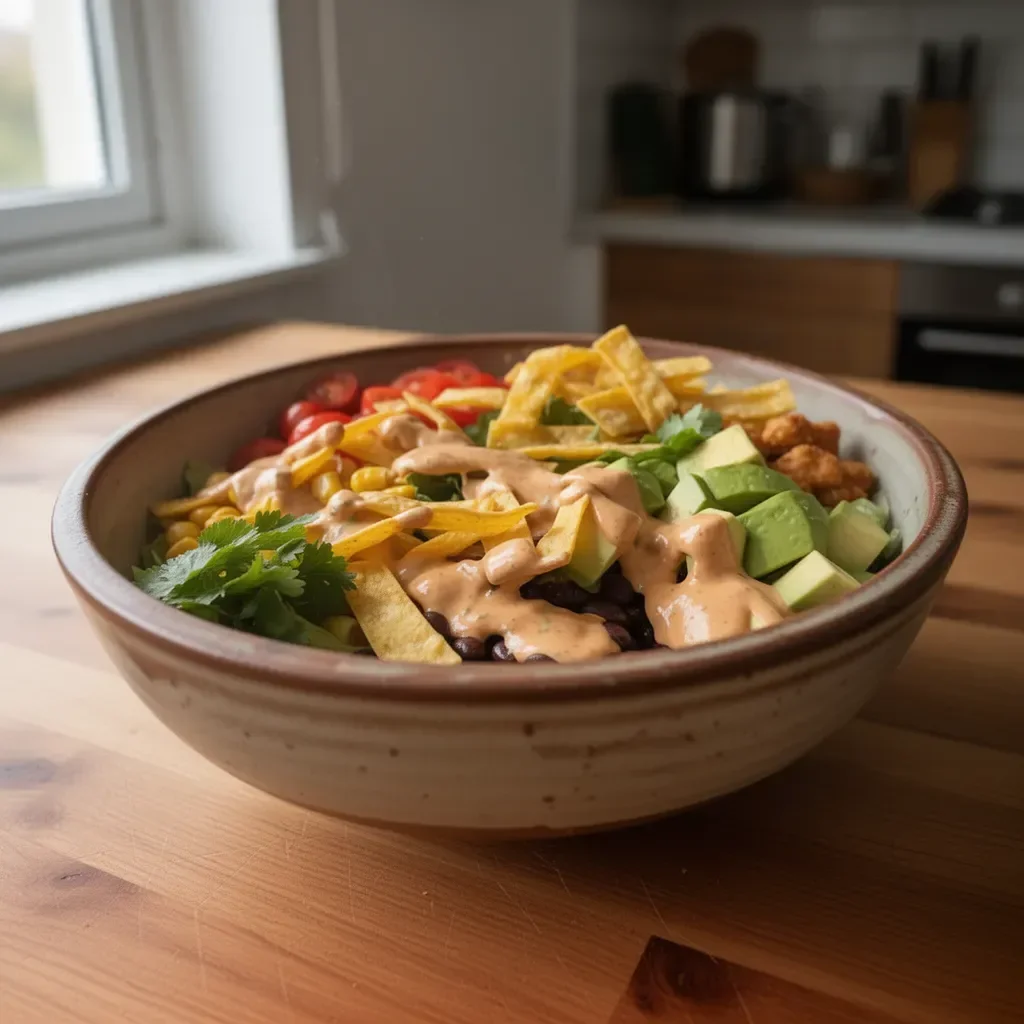 Vegane Taco-Salat mit Chipotle-Dressing auf einem Teller