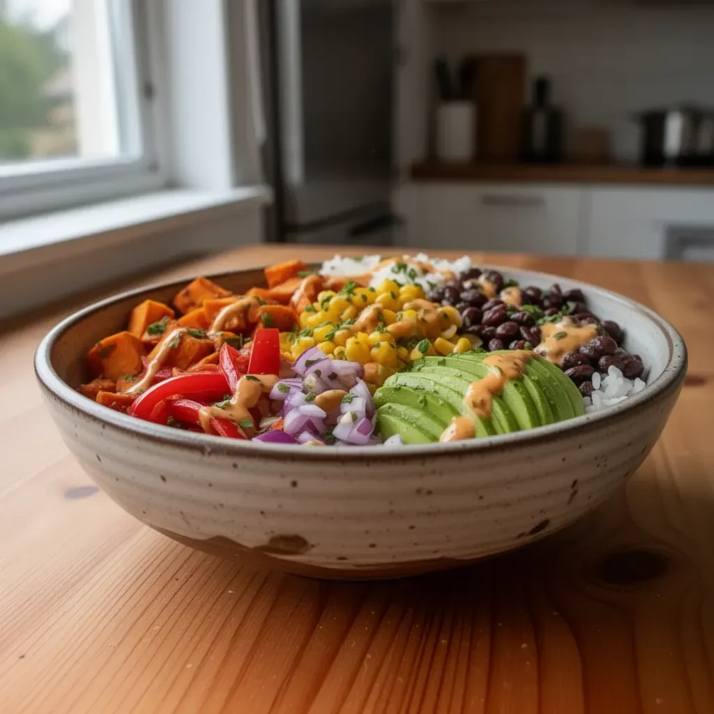 Vegane Süßkartoffel-Burrito-Schüssel mit frischem Gemüse und leckeren Saucen