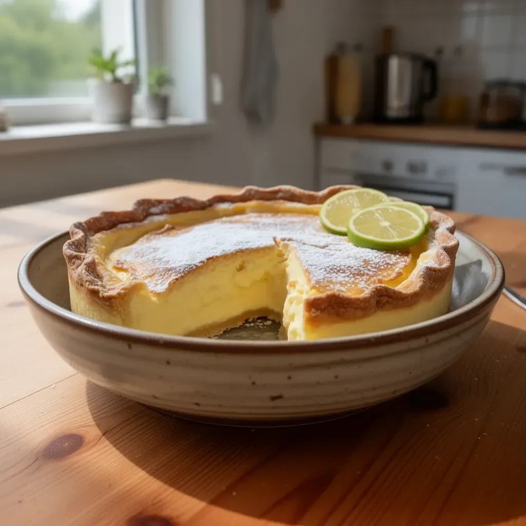 Zitronen-Mascarpone-Torte auf einem Teller, dekoriert mit frischen Zitronenscheiben