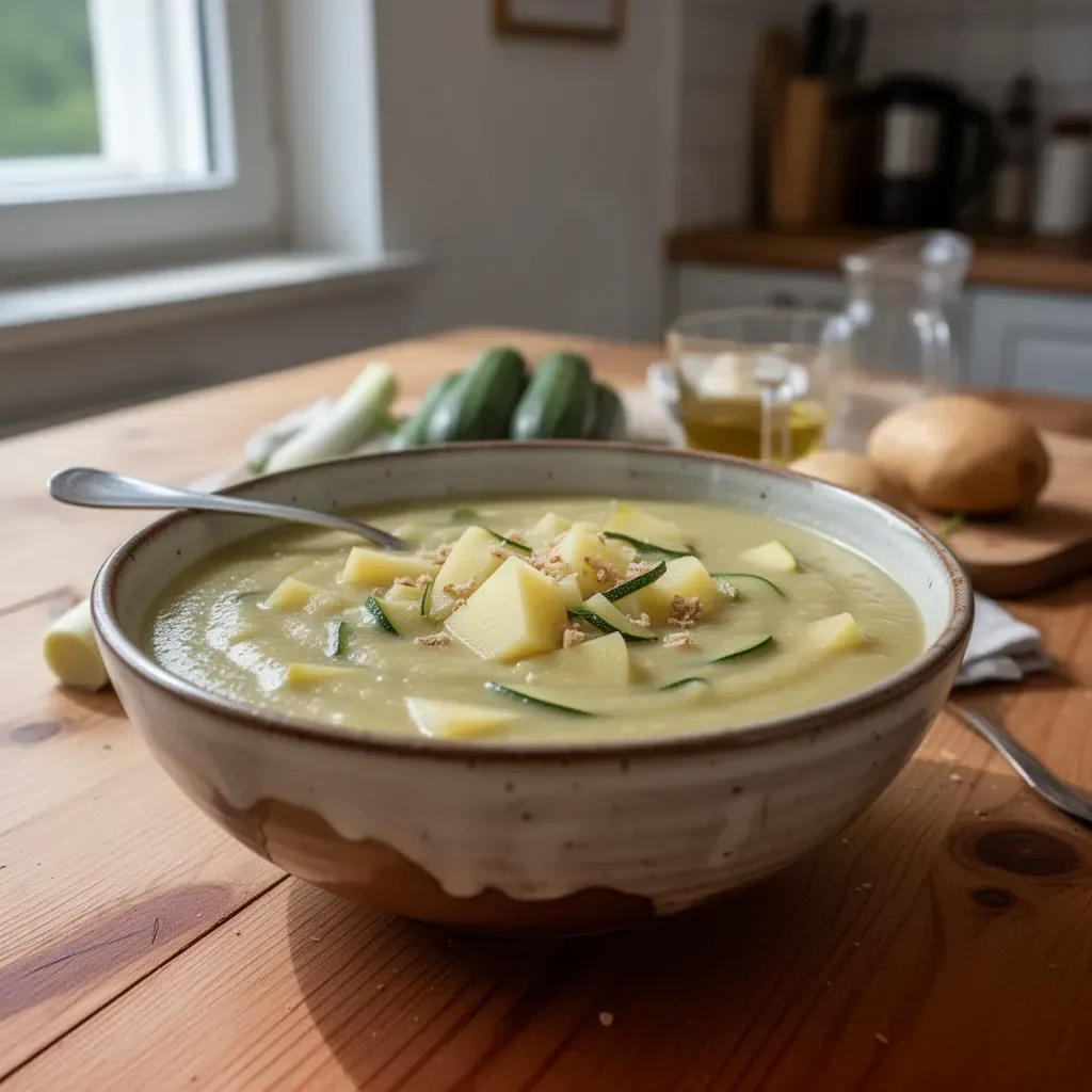 Schüssel mit Zucchini-, Lauch- und Kartoffelsuppe, lecker und gesund