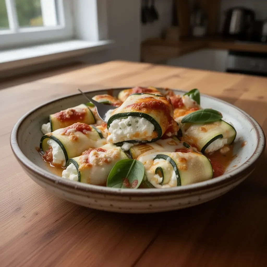 Zucchini-Röllchen gefüllt mit Ricotta auf einem Teller arrangiert