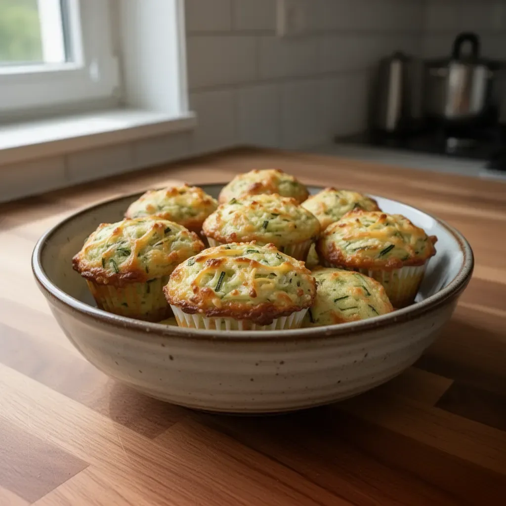 Zucchini Käsemuffins frisch aus dem Ofen, appetitlich angerichtet.