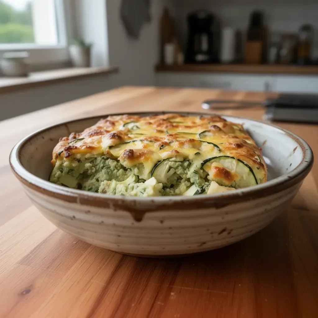 Saftiger Zucchinikuchen auf einem Teller, garniert mit frischen Kräutern.