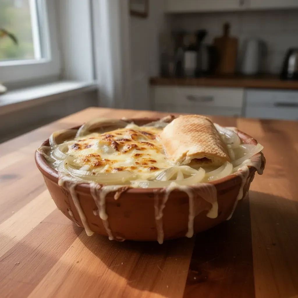 Zwiebelgratin-Suppe in einer Schüssel, garniert mit Käse und frischen Kräutern.
