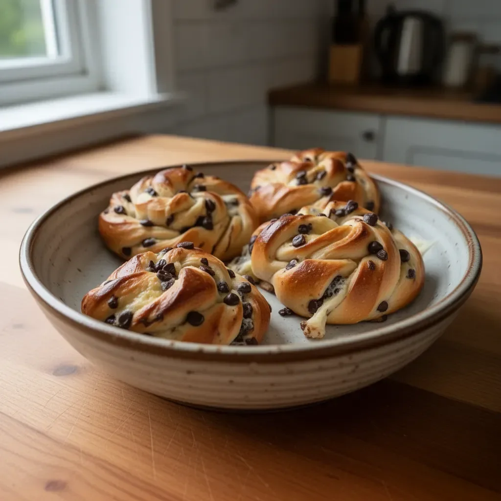 Aufgerollte Brötchen mit Vanillecreme und Schokoladenstückchen auf einem Teller