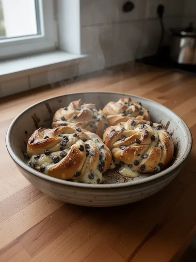 Aufgerollte Brötchen mit Vanillecreme und Schokoladenstückchen