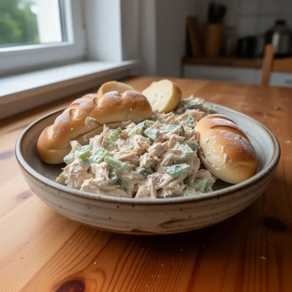 Brötchen gefüllt mit cremigem Hähnchensalat, ideal für einen herzhaften Snack