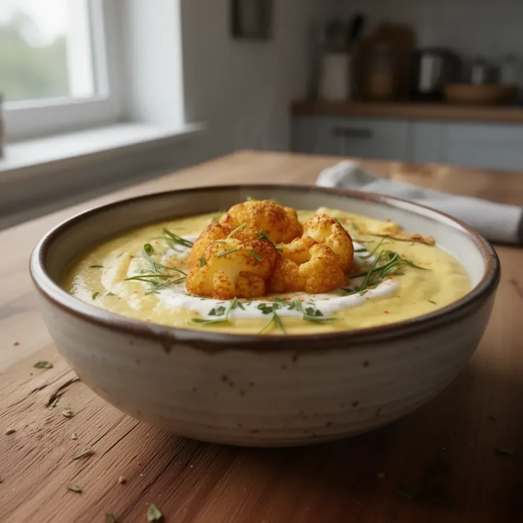 Cremige Blumenkohlsuppe mit Curry, serviert in einer weißen Schüssel