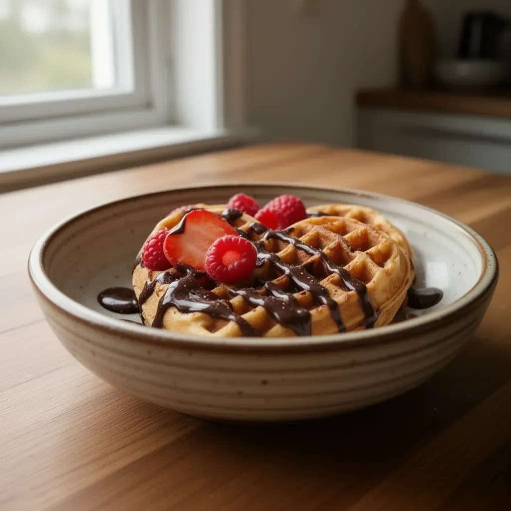 Herzförmige Waffeln mit Schokoladensauce auf einem Teller